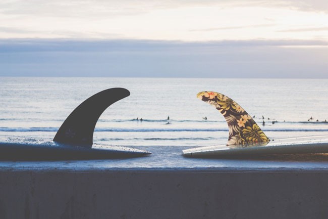 fotografía de dos tablas de surf del revés y de fondo el mar y la puesta de Sol